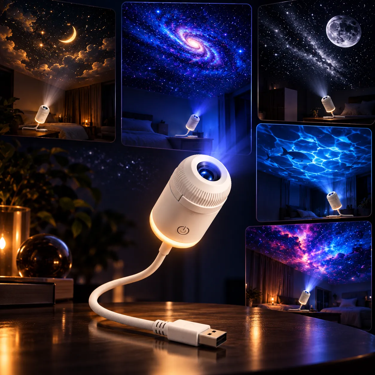 Bedroom bathed in a violet nebula projection
