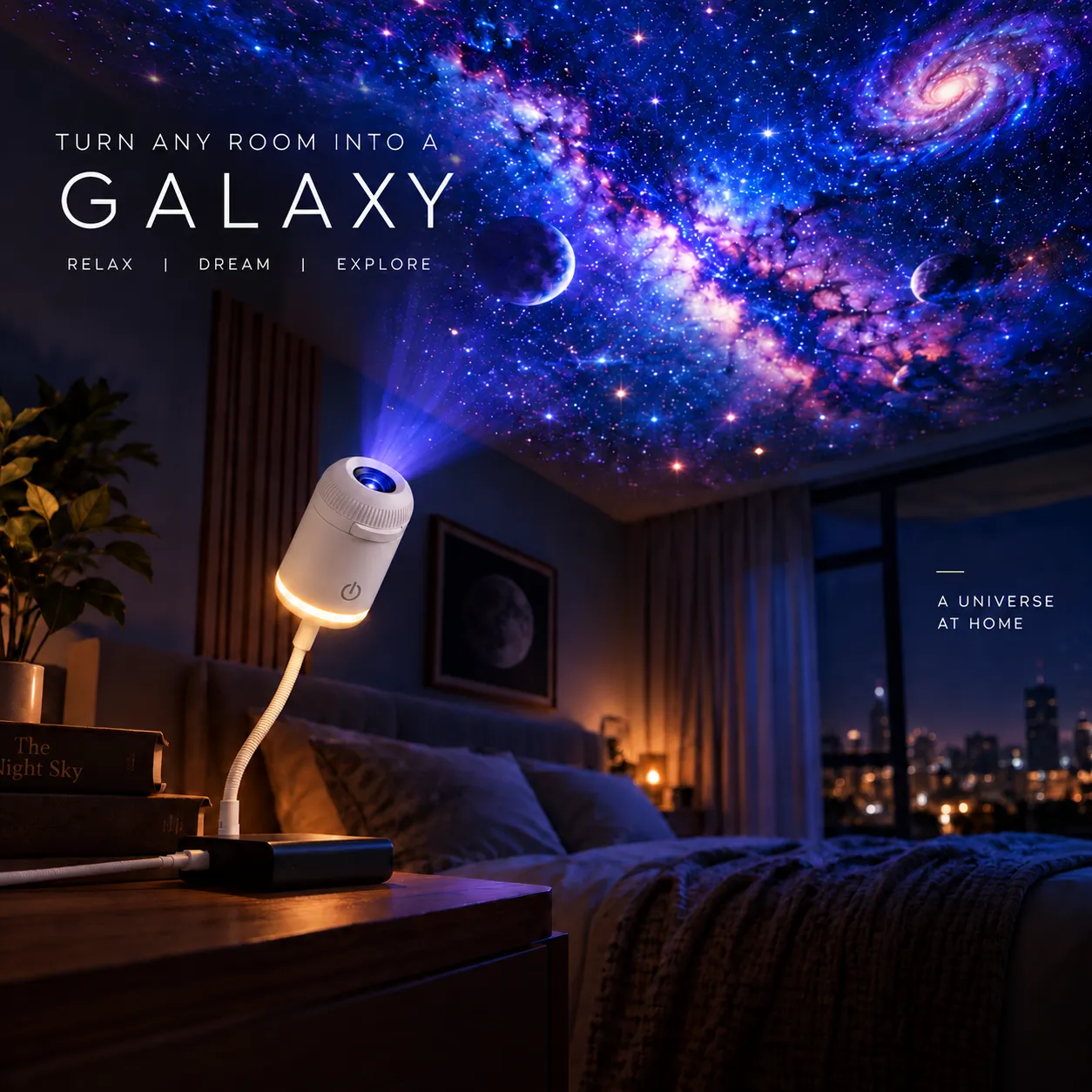 Galaxy mini projector casting a starry sky across a bedroom